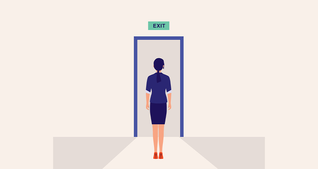 Woman walking out exit door